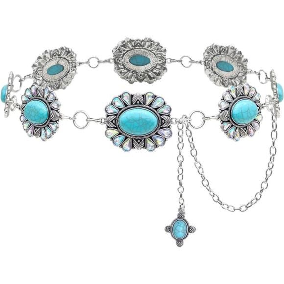 Bling Rhinestone Concho Belt Silver Metal Boho Turquoise Belts Western Crystal